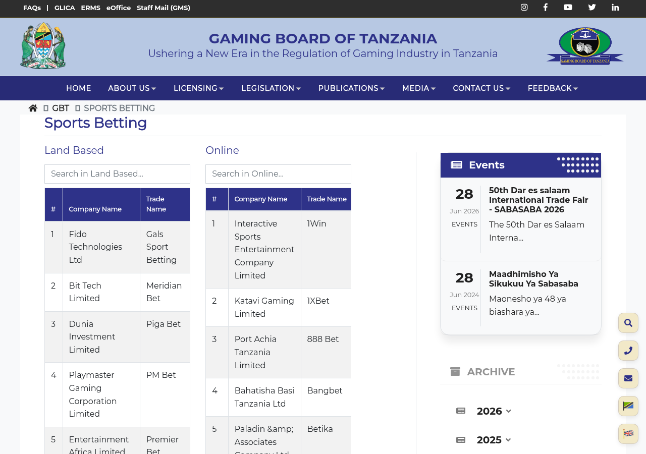 Rekodi yenye tarehe kutoka Gaming Board of Tanzania kuhusu 1Win