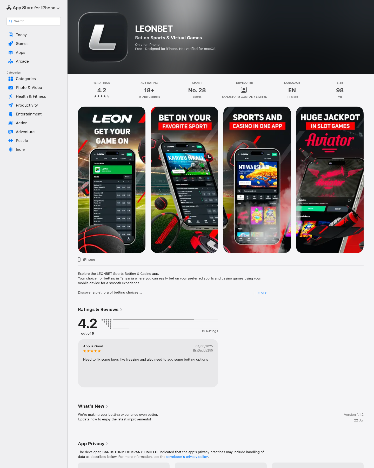 Capture ya listing ya LEONBET katika App Store Tanzania ya tarehe 20 Agosti 2026